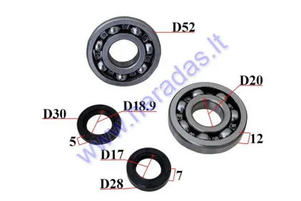 Crankshaft oil seals and bearings set for scooter 2T Aprilia, Piaggio Bearing 20/52/12 Oil seals 17/28/7, 18.9/30/5