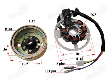 Apvija, apvijos generatoriaus su magnetu motorolerio, motociklo 5 laidų 2T 1PE40QMB, Minarelli 3KJ JOG 5 laidu