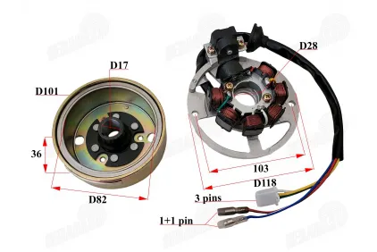 Magneto/stator with rotor for scooter, motorcycle 5 pins 2T