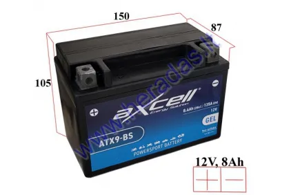 MOTORCYCLE BATTERY 12V 8AH  135A  ATX9-BS AXCELL ENERGY SOLUTION  GEL 150X87X105 YTX9-BS