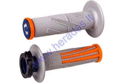 Rankenėlės krosinio-enduro motociklo guminės-metalinės ODI Emig Pro V2 Lock-On Grips 22 mm vairui 2T ir 4T adapteriai. Pilka/oranžinė